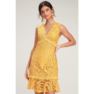 Women Ryse the Label Bohemian Michi Golden Yellow Lace Mini Sheath Dress size XS